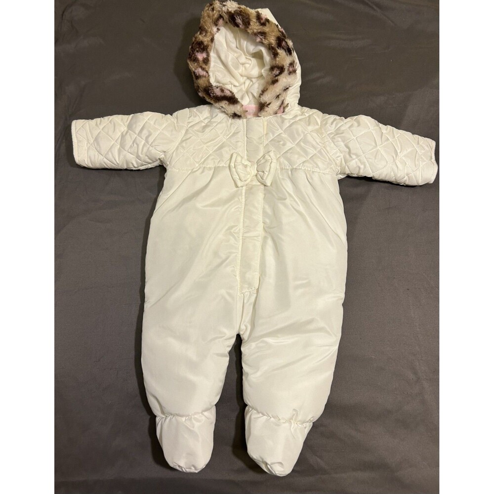 Pistachio Quilted Hooded Faux Fur Trim One-Piece Snowsuit Ivory 6-9M